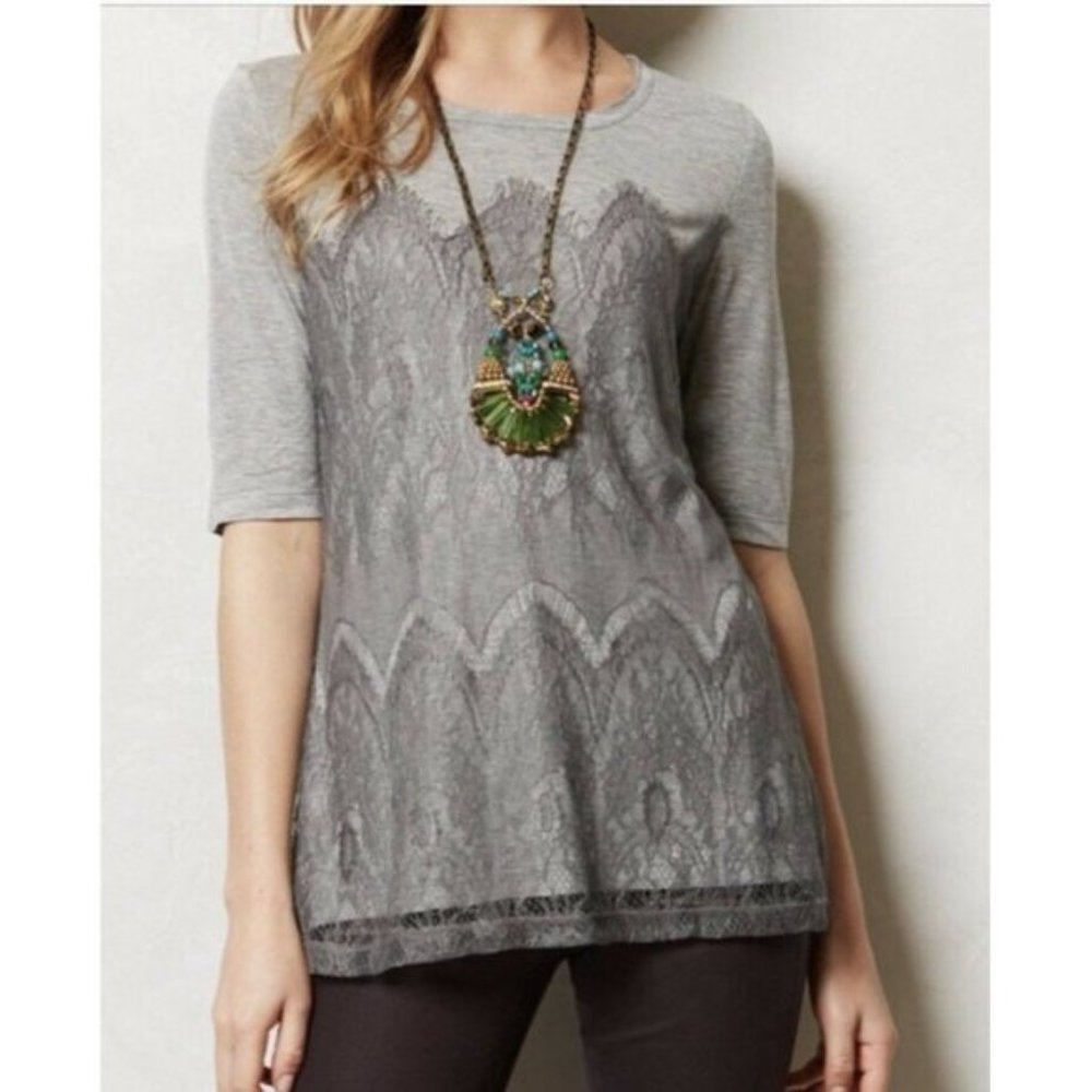 Anthropologie Bordeaux Marion Lace Gray Overlay Tee Size Medium
